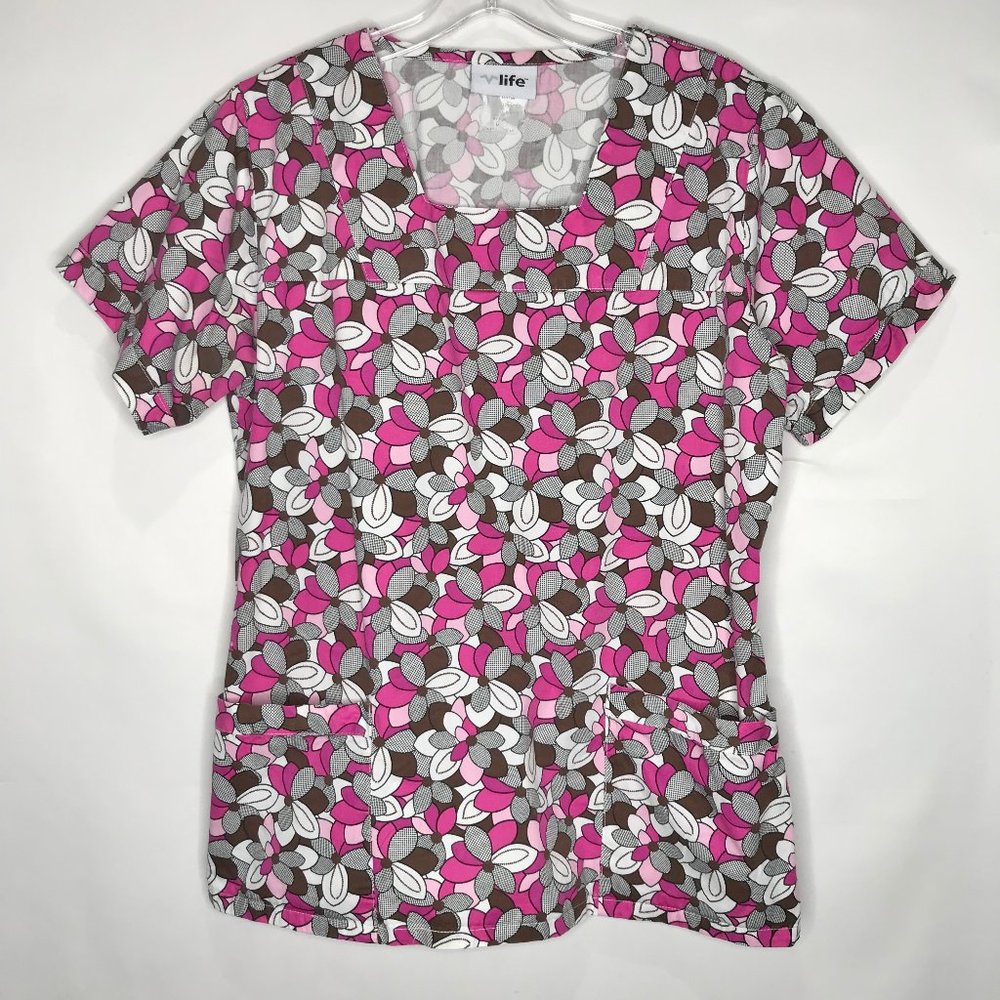V Life Women's Top sz M Nursing Scrub Brown Pink Floral Spring Elastic Back